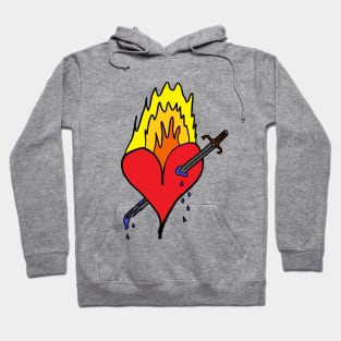 Burning red heart that was bleeding blue by a sword that ripped it! A cute, pretty, beautiful red heart drawing which is burning and ruptured by sword. Hoodie